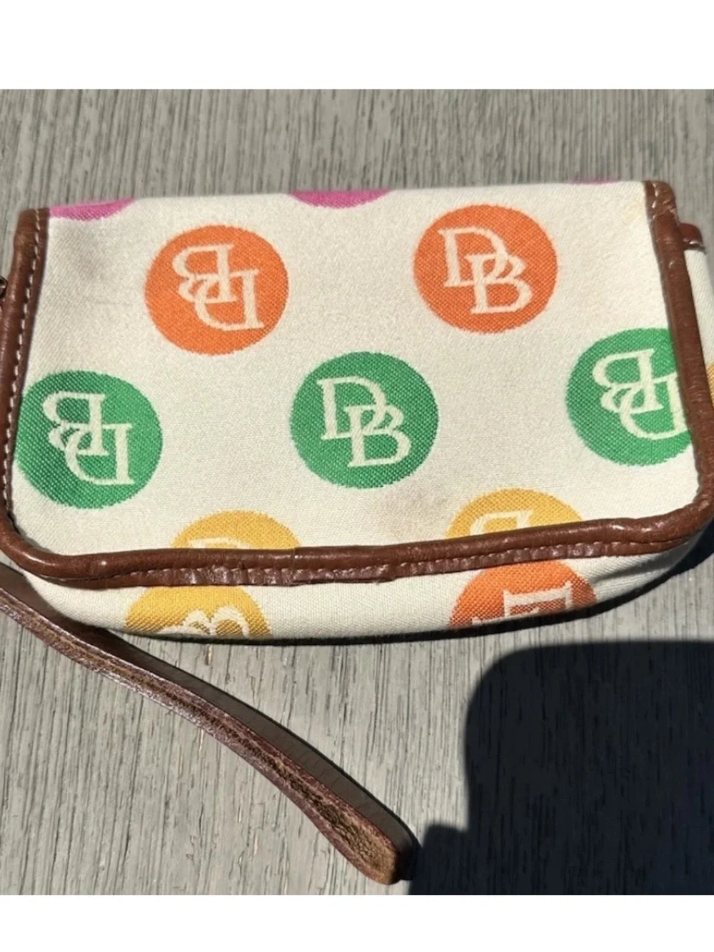 Vintage Dooney & Bourke Rainbow Monogram  Logo Dot Wristlet Cream & Brown Trim